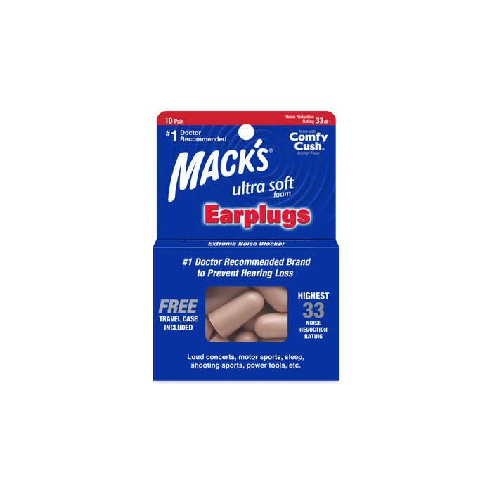 Bouchons d'oreilles en mousse ultra souple Mack's avec étui de voyage NRR 32 (10 paires) (Caisse de 12)