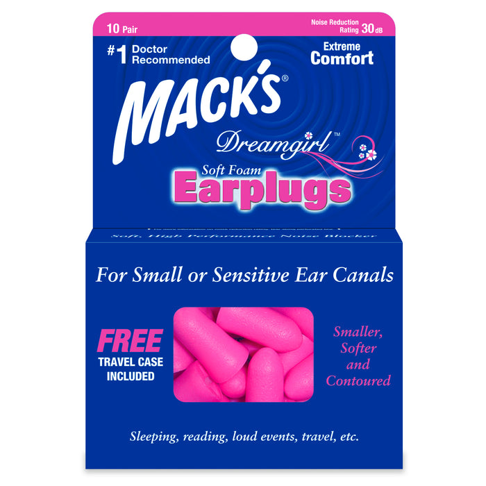 Bouchons d'oreilles Dreamgirl en mousse souple Mack's avec étui de voyage NRR 30 (10 paires) (Caisse de 12)